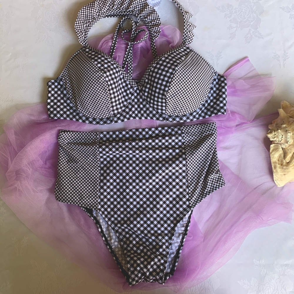 NWOT🍓 retro gingham check ruffle bikini set
